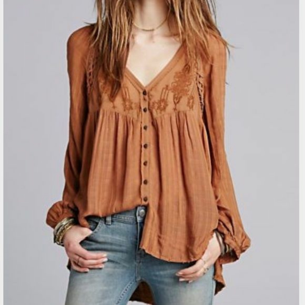 FP Flowy Embroidered Peasant Blouse in Birch